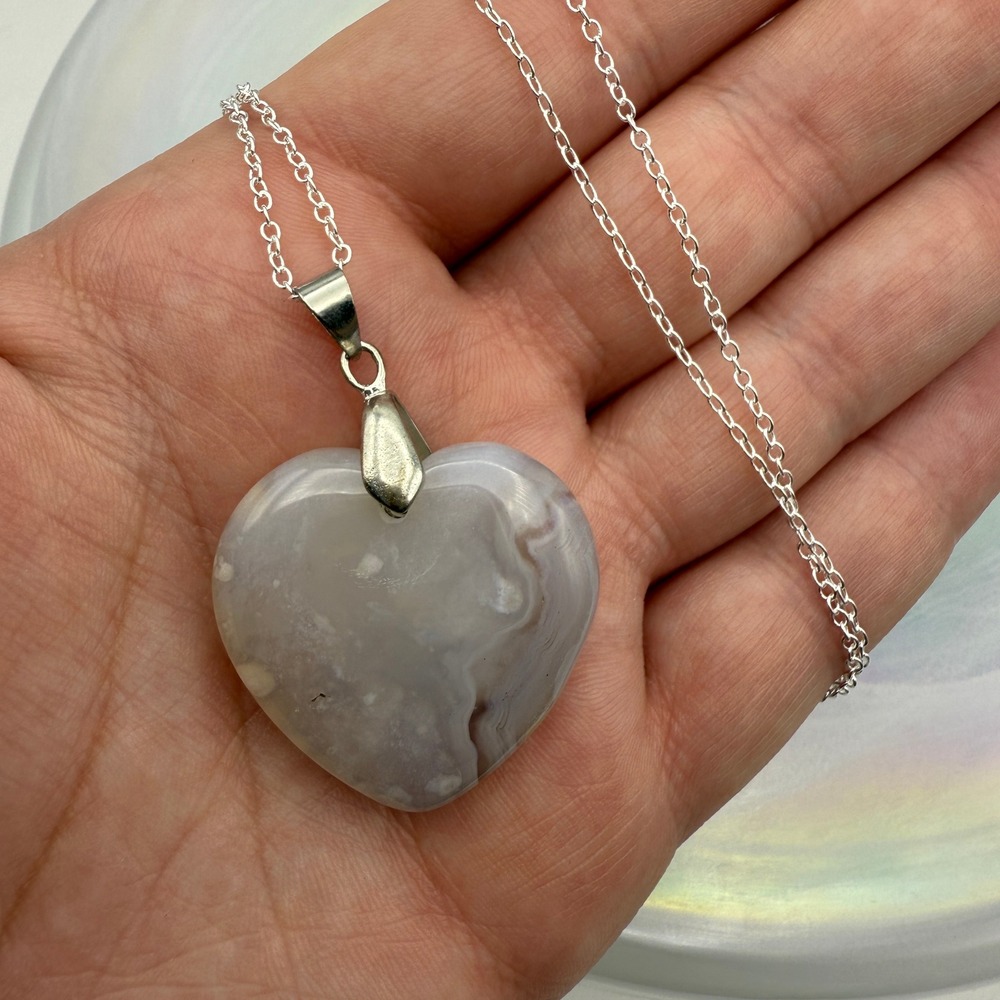 Agate Heart Pendant Necklace - Stone Heart Charm - Silver Chain Necklace Jewelry